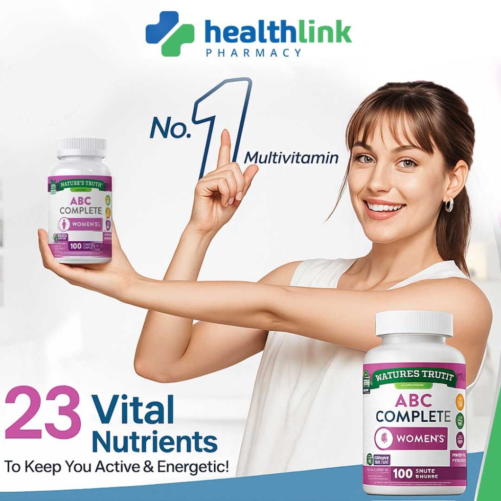 Women's Multivitamin bottle with essential nutrients and vibrant background